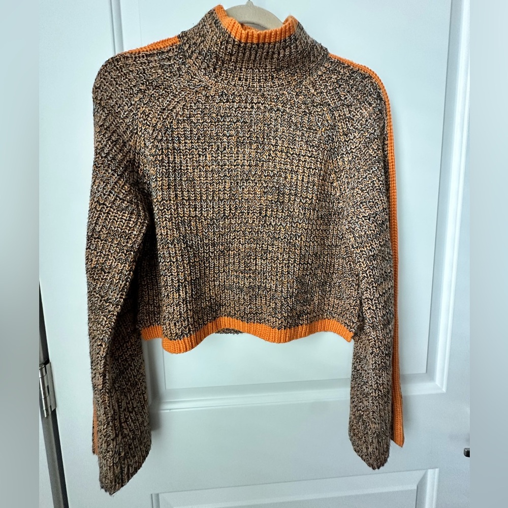 Vici Lush Mock Neck Cropped Sweater Orange Striped Sleeve